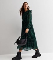 New Look Green Animal Print Frill Chiffon Midi Dress